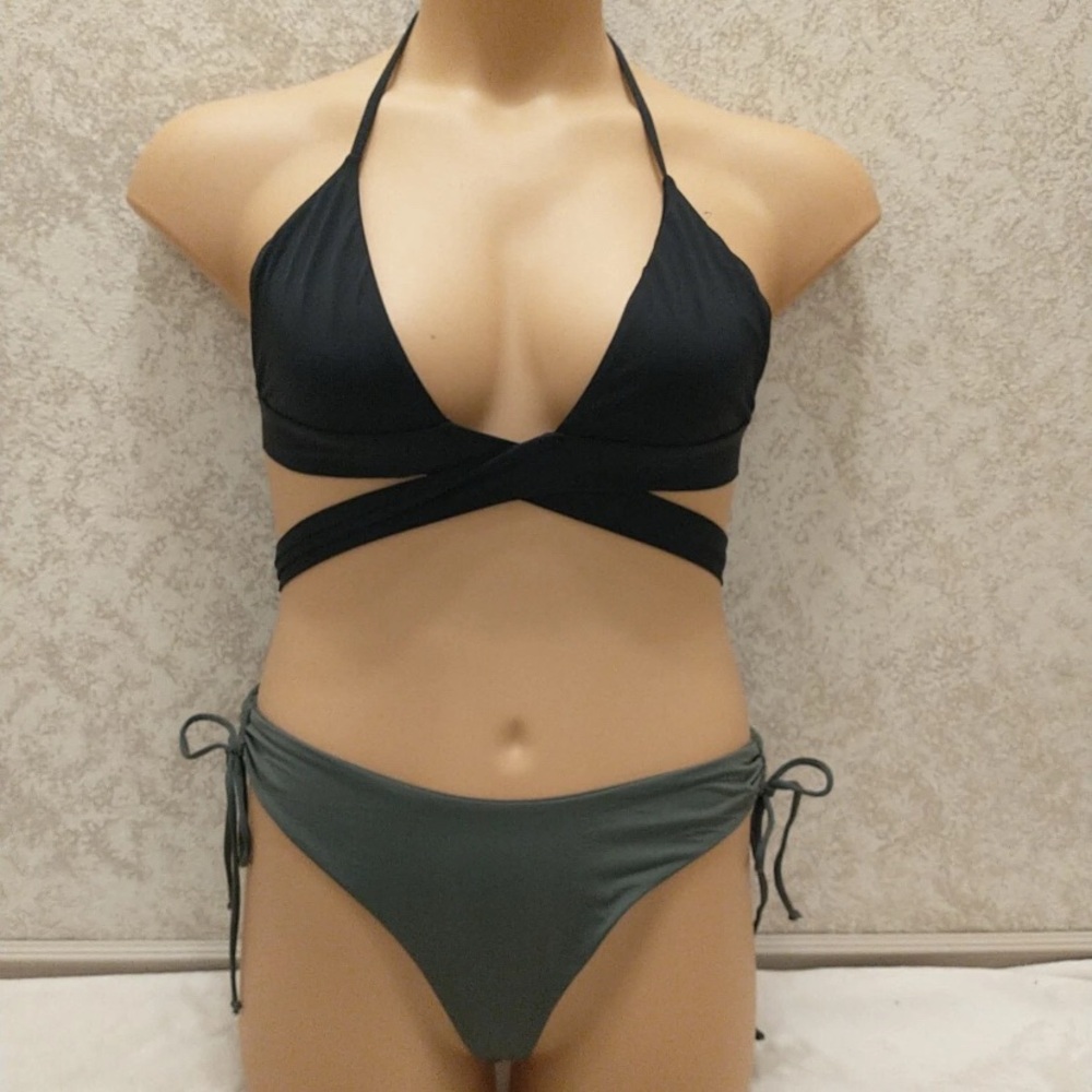 Lulu's Black Wrap Top and High Cut Sage Bikini Set